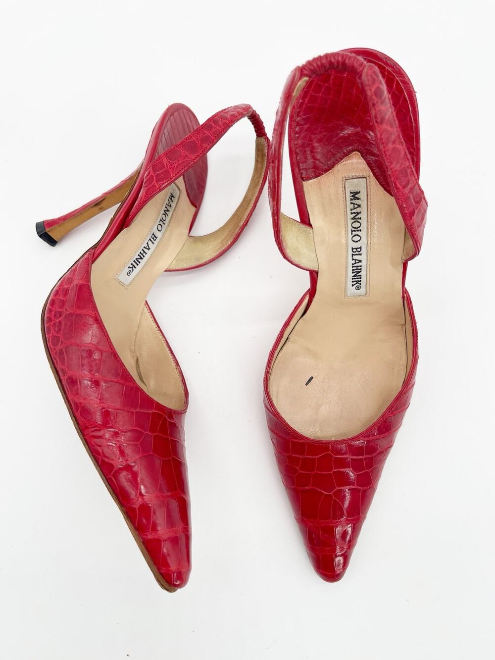 Manolo Blahnik Vintage Carolyne Red Alligator Slingback Pointed Toe Heels IT 36